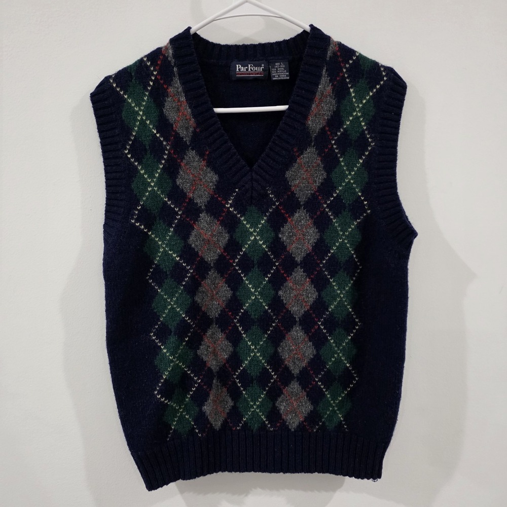 Mens Wool Sweater Vest Size Large Argyle Academia Golf Old Money Preppy Luxury